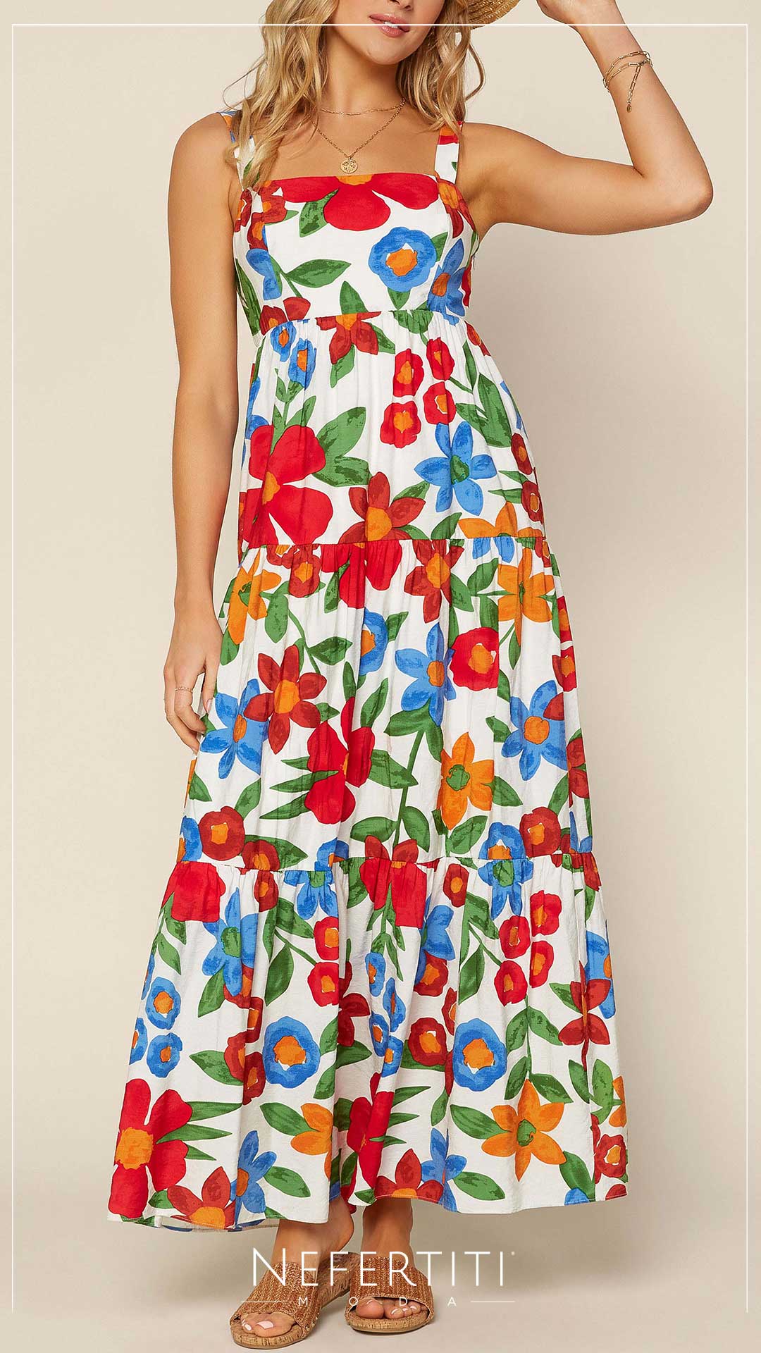 VESTIDO LARGO FLORES ROJO AZUL VERDE D4232