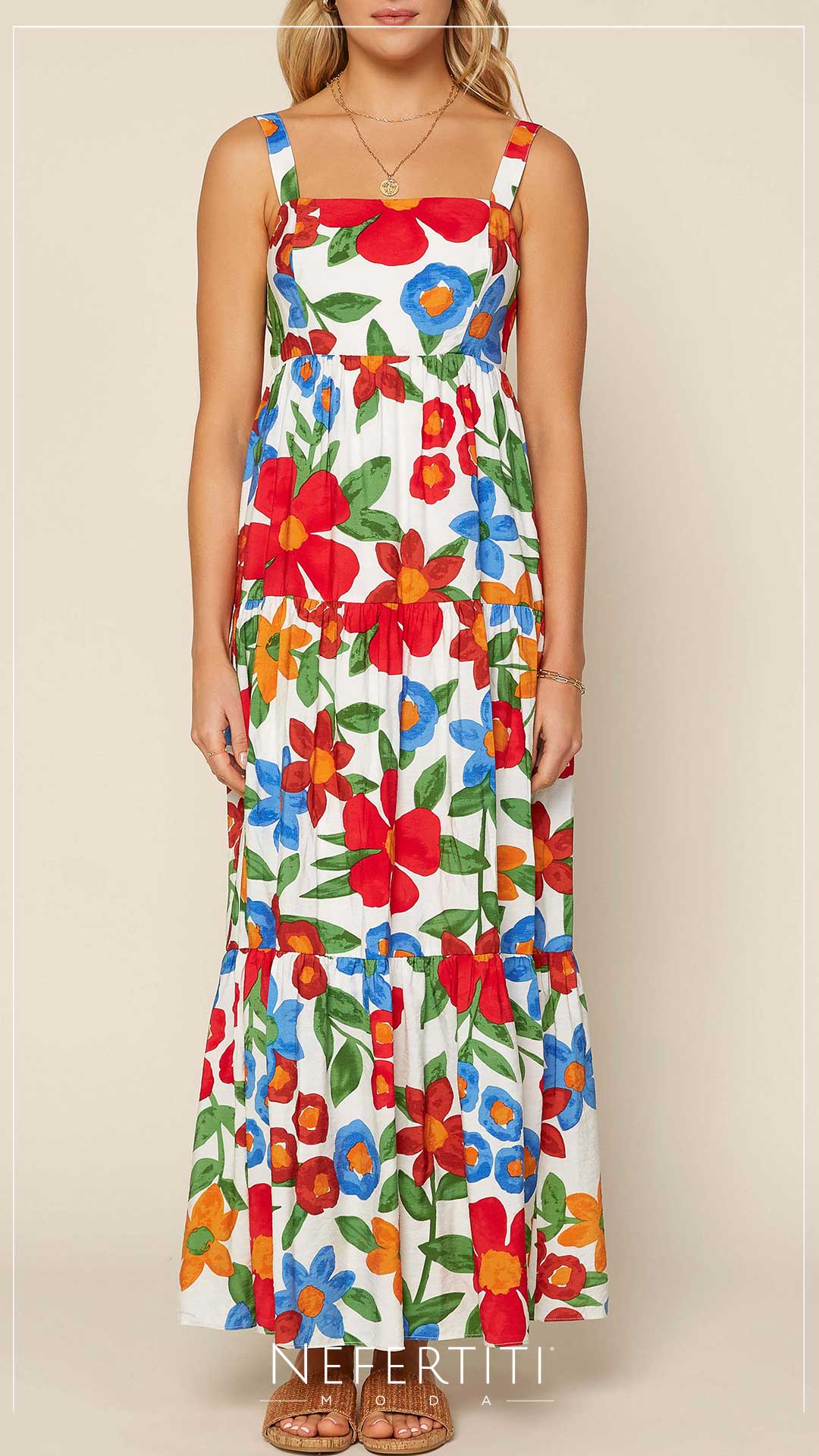 VESTIDO LARGO FLORES ROJO AZUL VERDE D4232